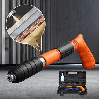 Pneumatic cleaning tool with black and orange design, showing usage on a wall, and its case on a gray surface.

