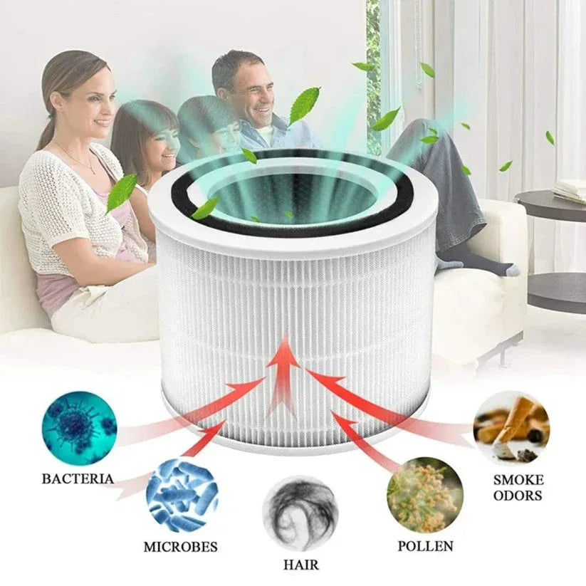 Air filter with illustrations of pollutants and a family in a living room

