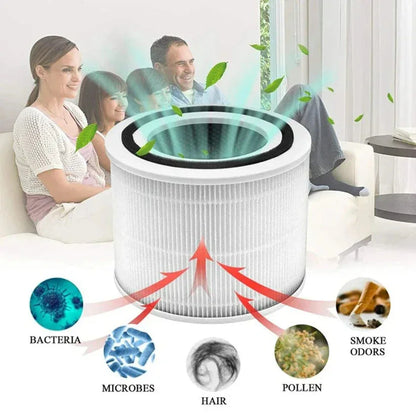 Air filter with illustrations of pollutants and a family in a living room

