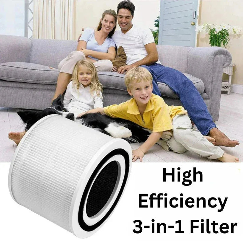 Family sitting on a couch with a pet, featuring a high-efficiency 3-in-1 filter in the foreground.

