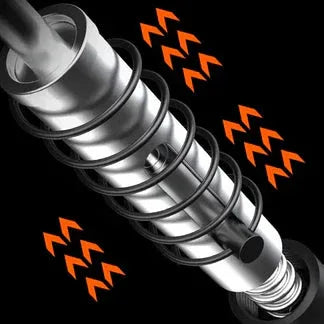 Metal shock absorber with orange arrows indicating movement on a black background


