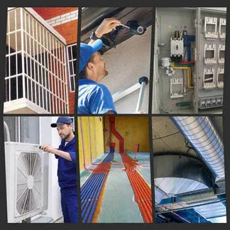 Collage of images related to air conditioning installation and maintenance.

