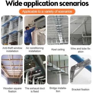 Various application scenarios of a tool or product, including anti-theft window installation, air conditioning installation, keel ceiling, wire and tube fixation, wooden square fixation, exhaust duct fixing, bridge installation, and bracket fixation.

