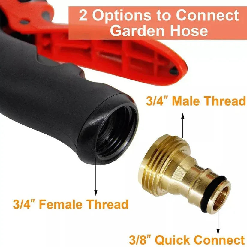 Garden hose connector with 3/4 inch male and female threads and a quick connect option.

