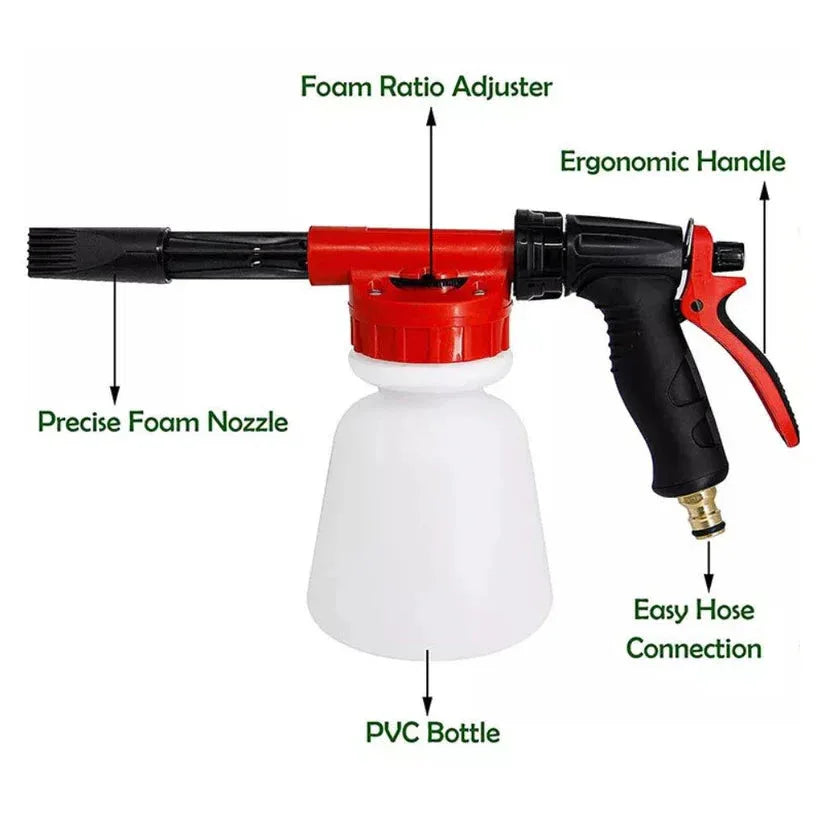 Foam cannon with labeled parts on a white background

