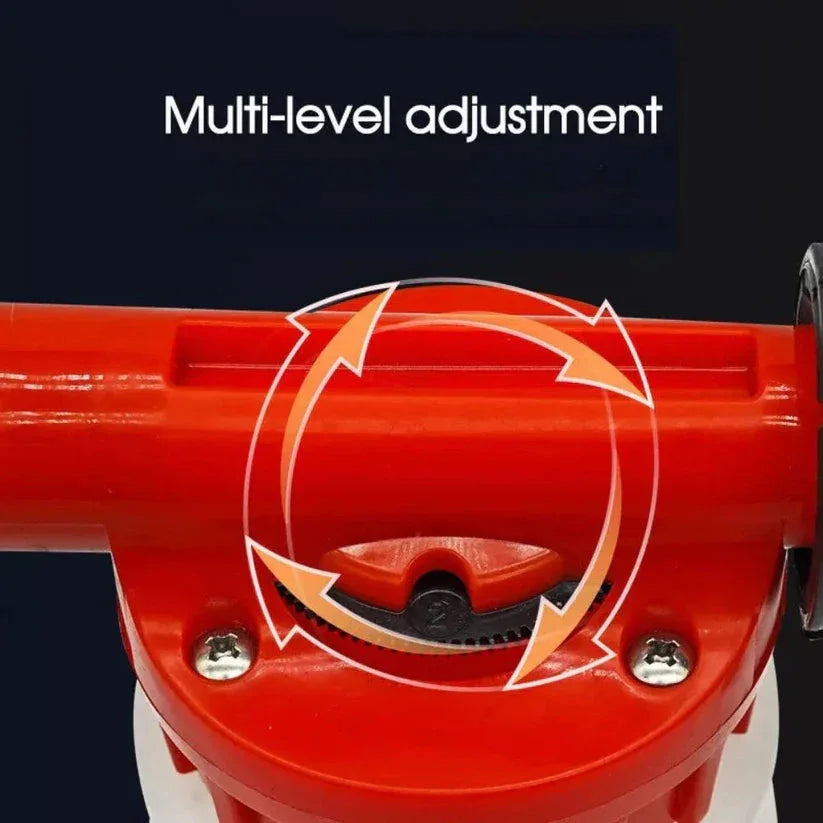 Red adjustable tool with multi-level adjustment feature on a black background

