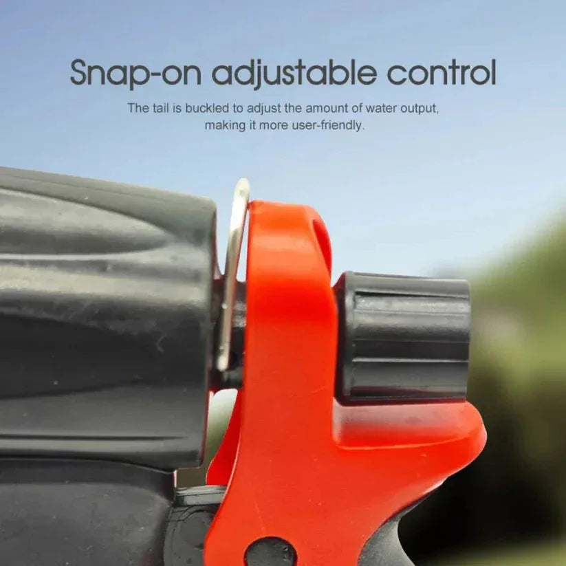 Close-up of a red and black adjustable control device with text on a blurred background

