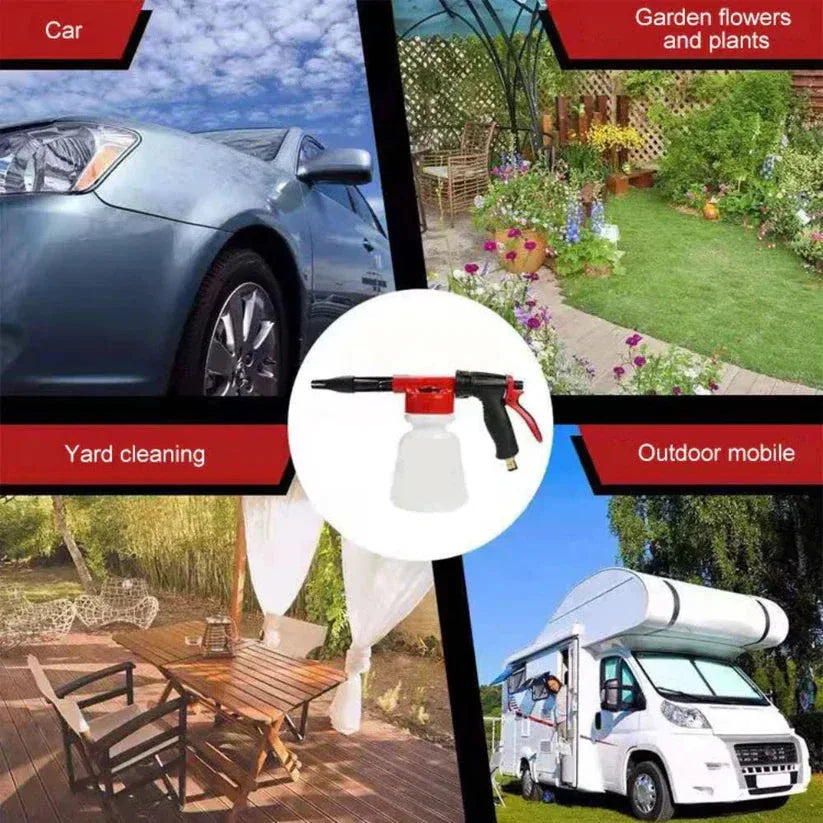 Multifunctional cleaning device with various uses including car washing, garden care, yard cleaning, and outdoor mobile cleaning.

