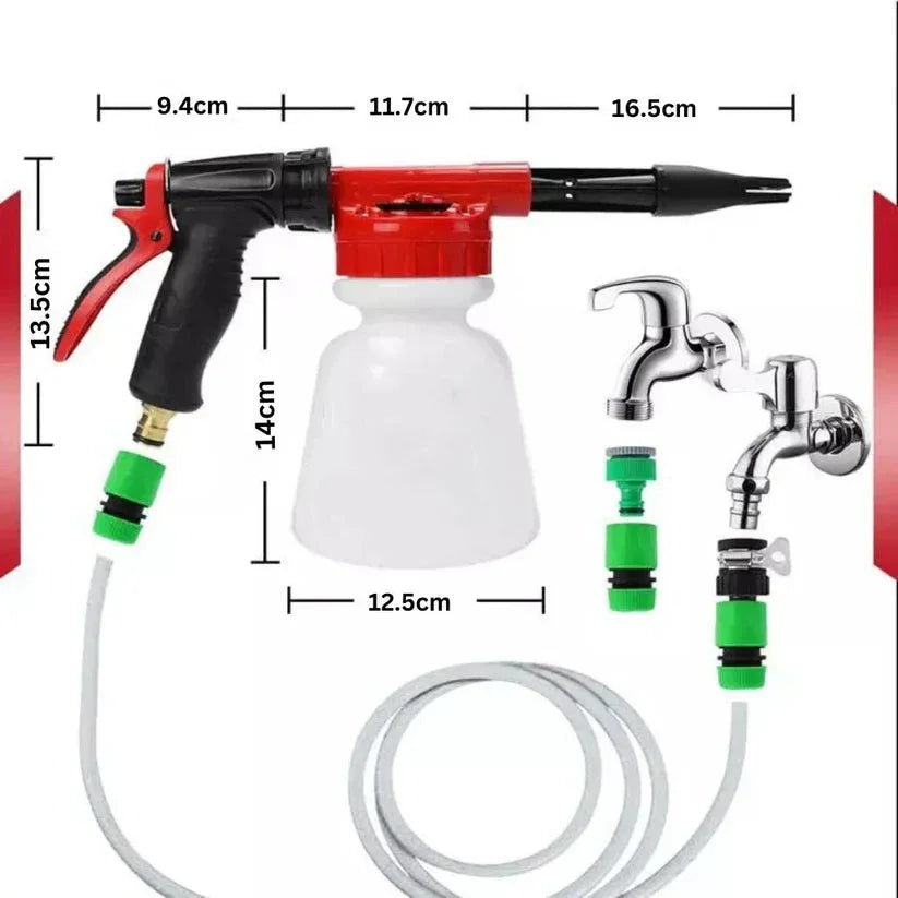 Foam cannon with hose and connectors for car washing, shown with measurements.

