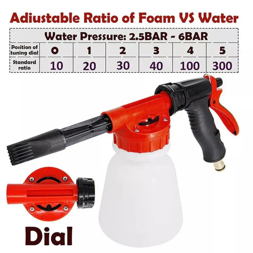 Foam cannon with adjustable ratio of foam vs water on a white background

