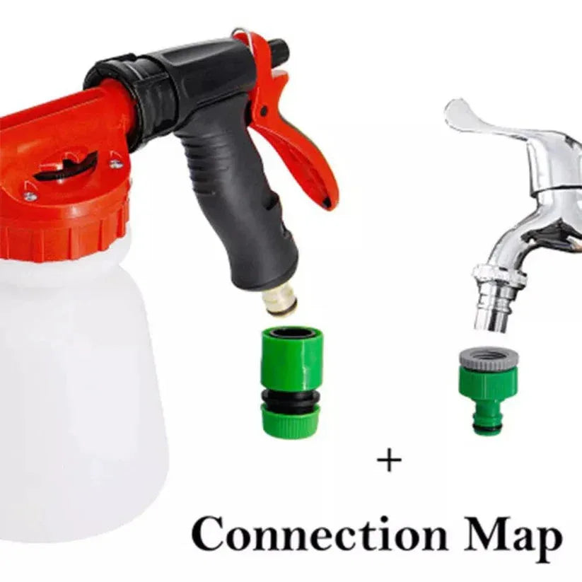 Spray gun, faucet, and connectors with 'Connection Map' text on a white background


