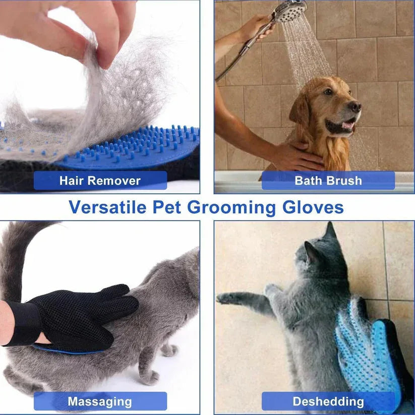 Versatile pet grooming gloves being used on a dog, cat, and person with text labels.

