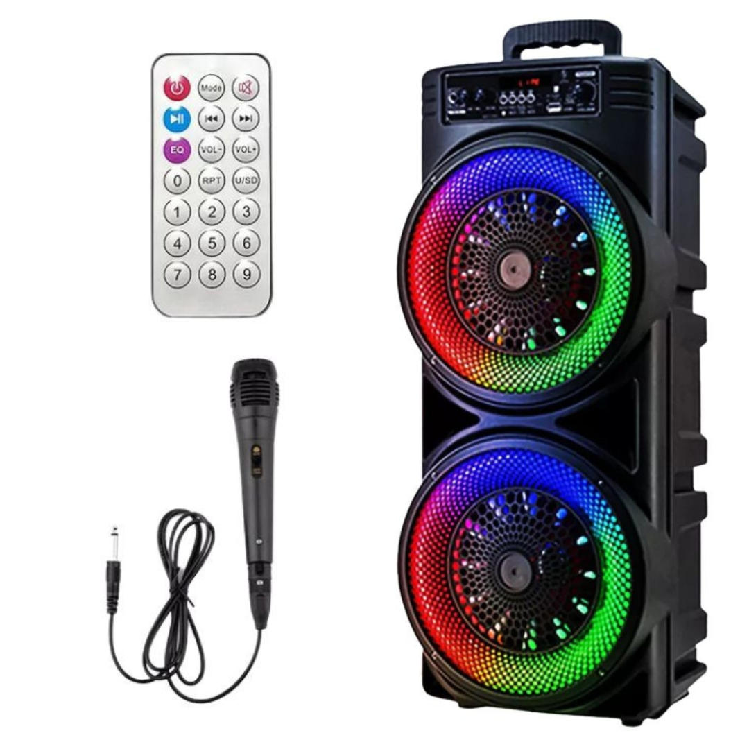 Portable speaker with RGB lighting, remote control, and microphone on a white background

