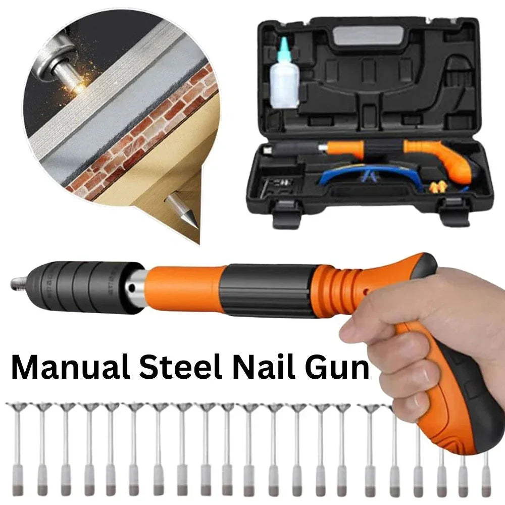Manual steel nail gun with case, nail gun, and nails on a white background

