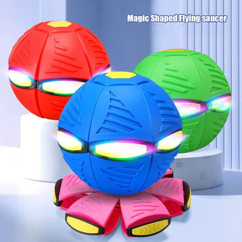 Colorful flying saucer toy with LED lights on a light blue background

