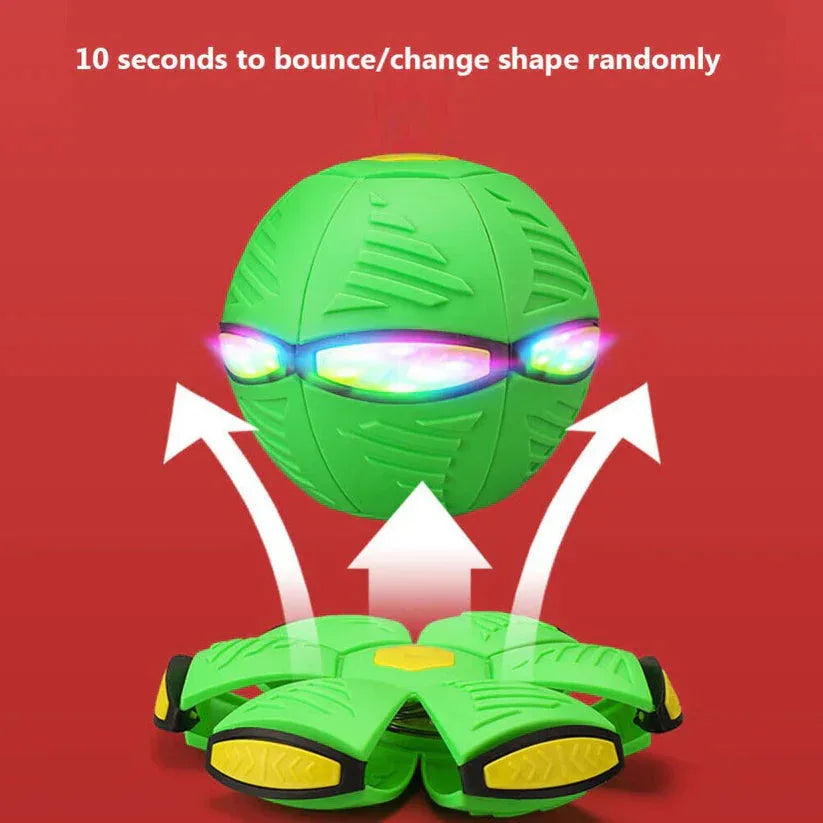 Green ball with LED eyes and base on a red background, showing text about shape-changing properties.

