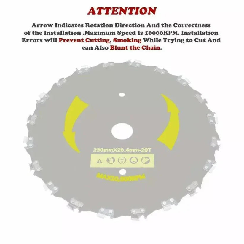 Circular saw blade with warning text on a white background

