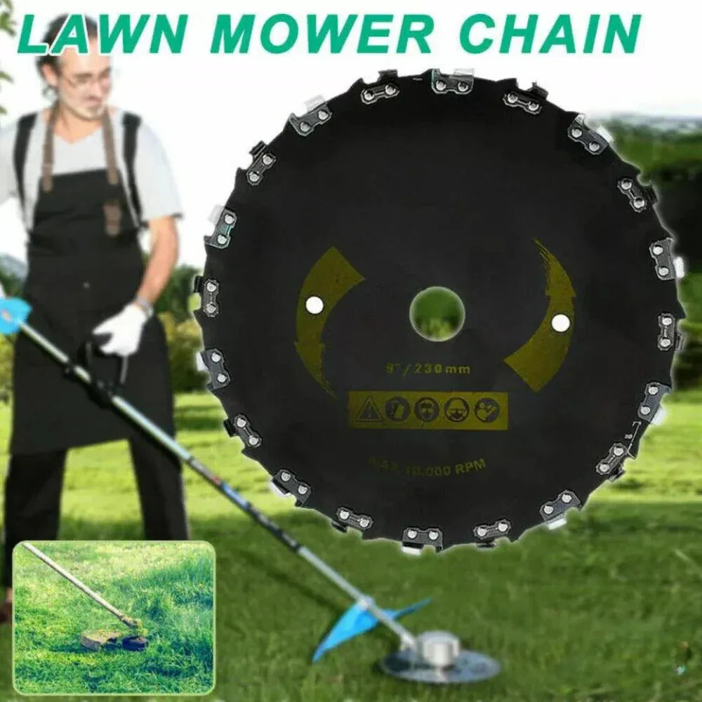 Lawn mower chain with a person using a lawn mower in the background

