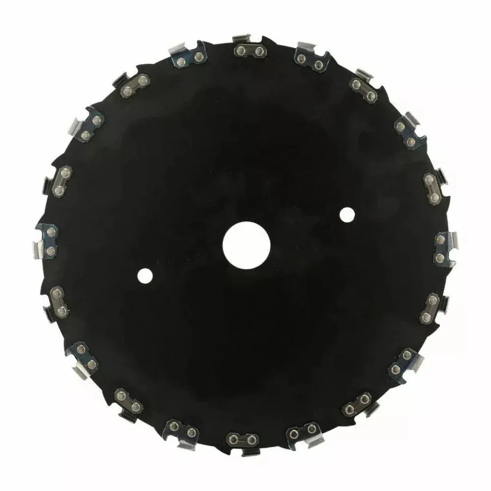 Black circular saw blade with metallic teeth on a white background

