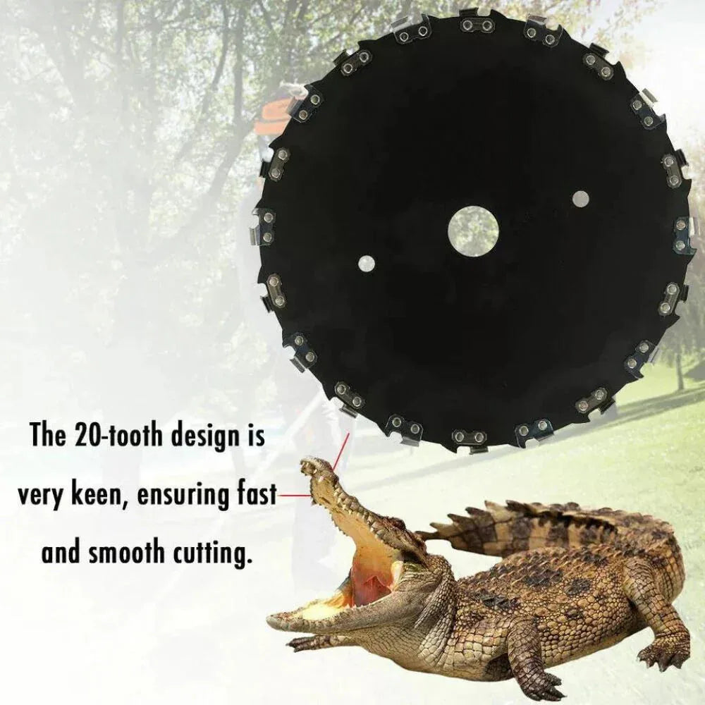 Saw blade with 20 teeth compared to a crocodile's mouth size, with text about cutting efficiency.

