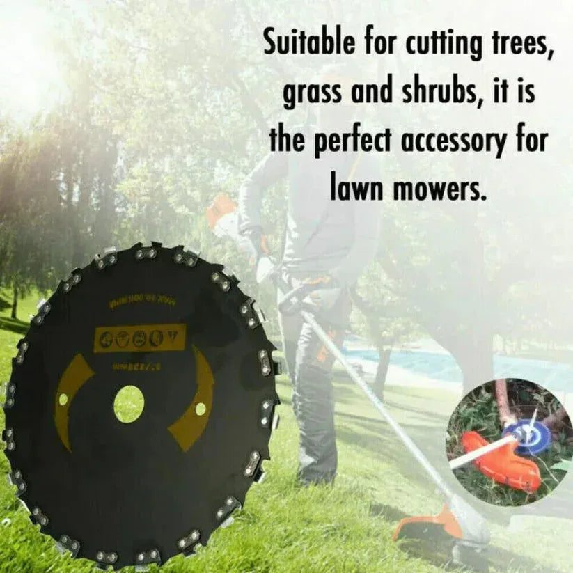 Lawn mower blade with text about its use on a blurred background of a person using a lawn mower.

