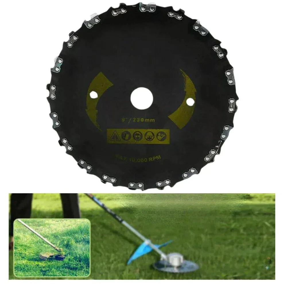 Disc brush with black abrasive surface and green grass background

