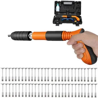 Pneumatic screwdriver with various drill bits and carrying case on a white background

