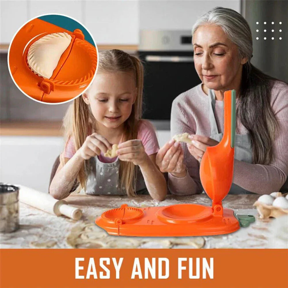 Woman and child using a kitchen tool to make dough, with an inset showing the tool in action.

