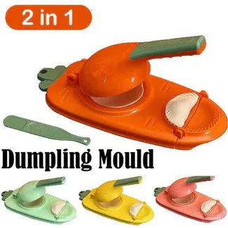 2-in-1 dumpling mould with orange base and green handles on a white background

