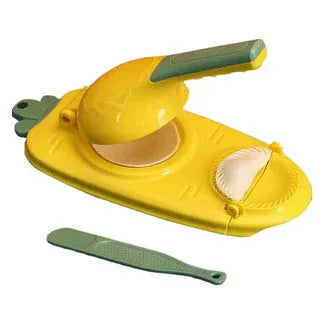 Yellow and green fruit peeler with a small bowl and peels on a white background

