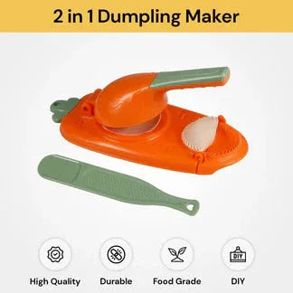2-in-1 dumpling maker with orange handle and green base on a white background

