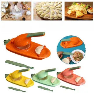 Set of colorful dumpling makers with step-by-step instructions on making dumplings.

