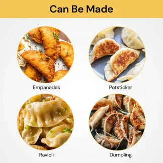 Four types of dumplings labeled as Empanadas, Potstickers, Ravioli, and Dumpling on a yellow background.

