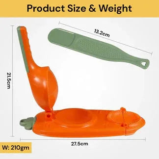 Orange and green product with measurements on a white background

