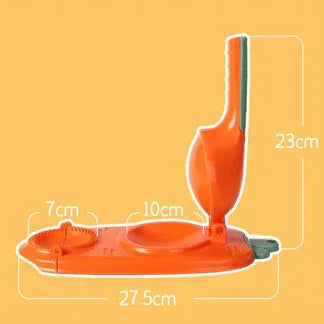 Orange vacuum cleaner with measurements on a yellow background

