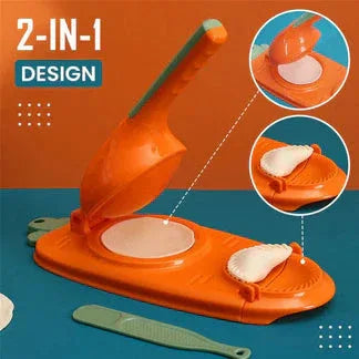 Orange kitchen tool with 2-in-1 design on a blue and orange background

