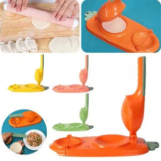 Orange dough press with multiple attachments on a white background


