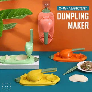 Collage of dumpling makers in different colors with a green leafy plant on an orange background.

