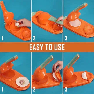 Step-by-step demonstration of using an orange kitchen tool on a blue background

