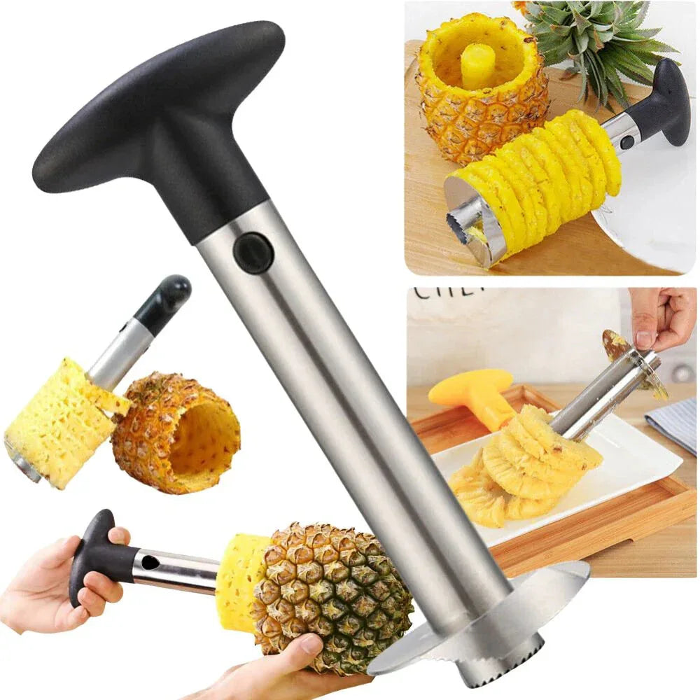 Pineapple peeler tool with images of using it on a pineapple.

