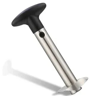 Stainless steel and black plastic tool on a white background


