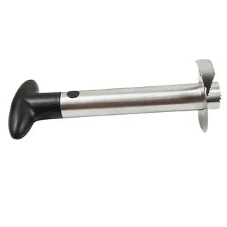 Metallic kitchen tool with black handle on a white background

