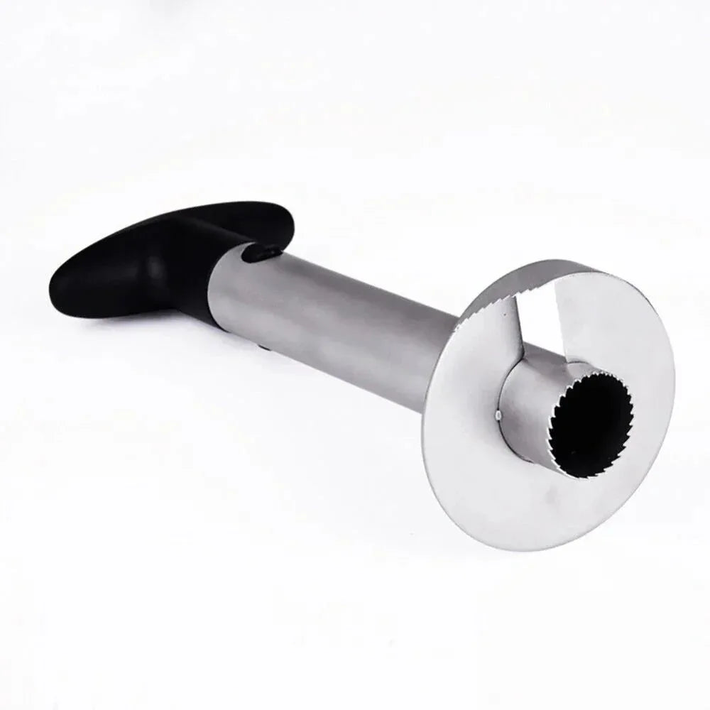 Metallic tool with black handle on a white background

