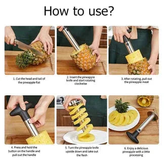 Step-by-step guide on how to use a pineapple slicer with images of hands performing each step.

