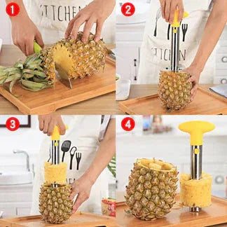 Step-by-step process of using a pineapple corer tool on a pineapple.

