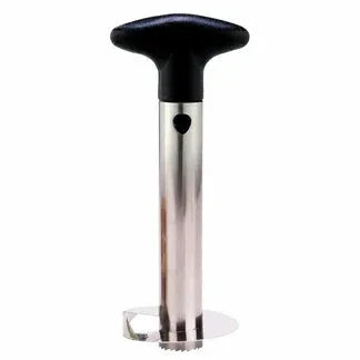 Metallic tool with black handle on a white background

