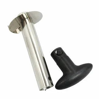 Metallic cylindrical object with a black handle on a white background

