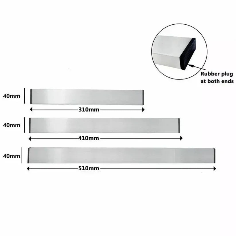 Measurement chart of a metal strip with dimensions and rubber plug details on a white background

