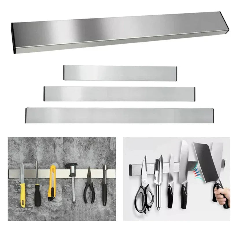 Set of metal strips for wall mounting with various tools on a white background

