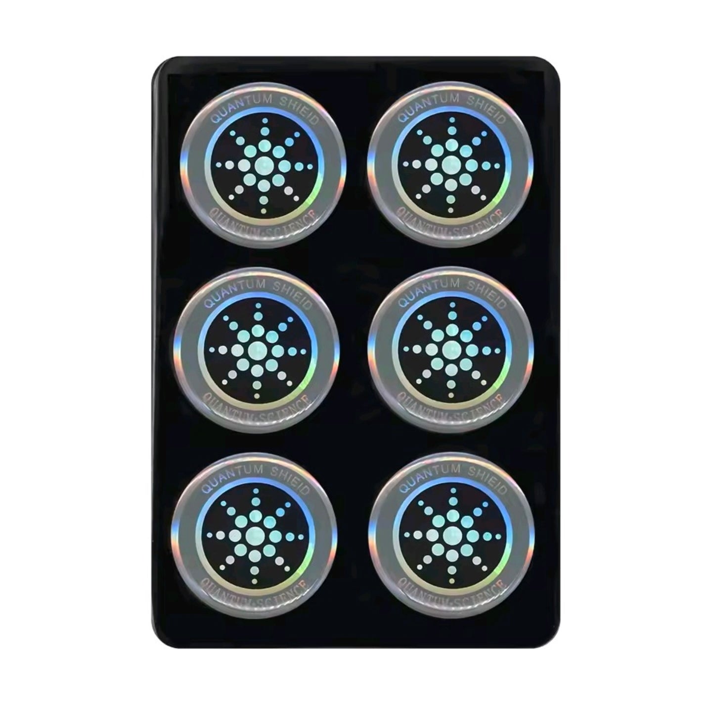 Set of six holographic stickers with star-like designs on a black card.

